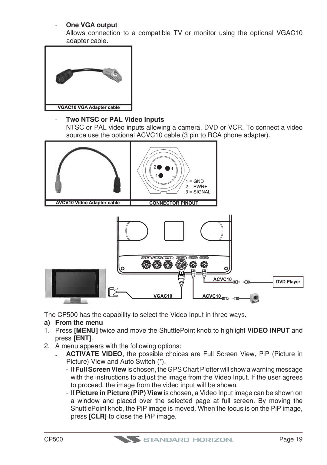 Standard Horizon CP500 owner manual · One VGA output, · Two Ntsc or PAL Video Inputs 