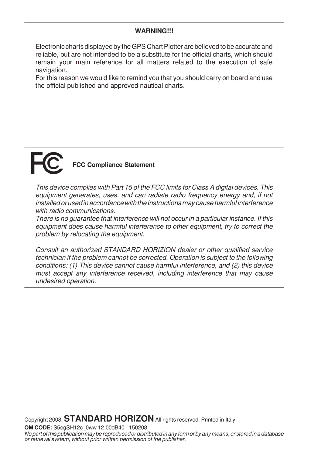 Standard Horizon CP500 owner manual FCC Compliance Statement 