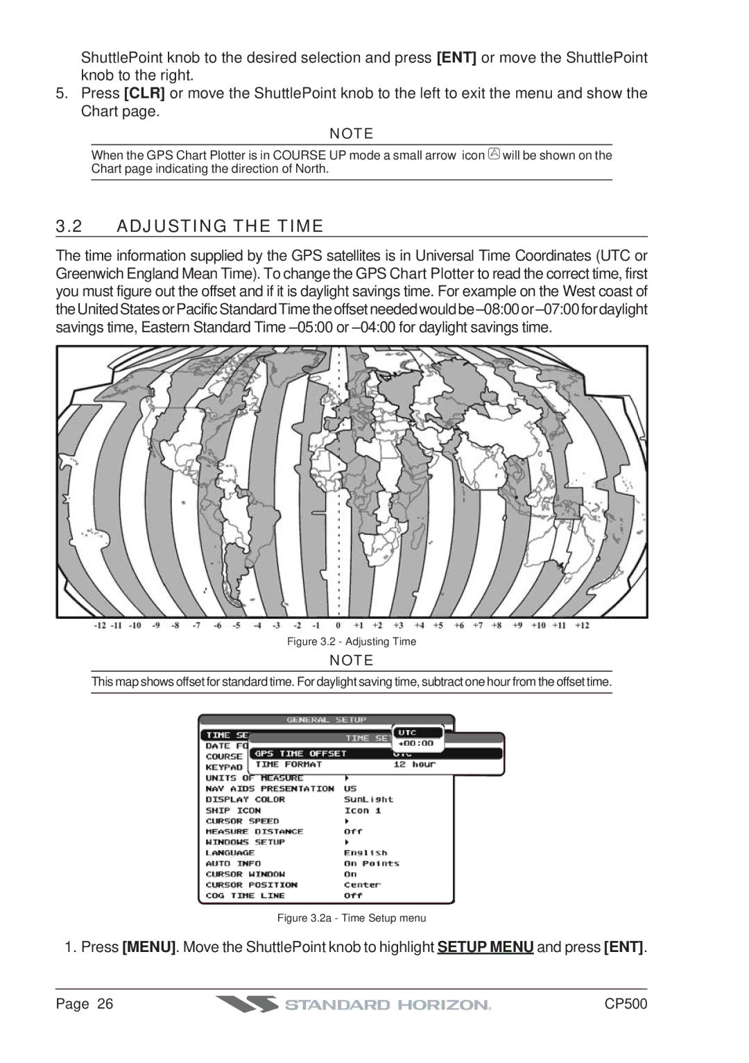 Standard Horizon CP500 owner manual Adjusting the Time, Adjusting Time 