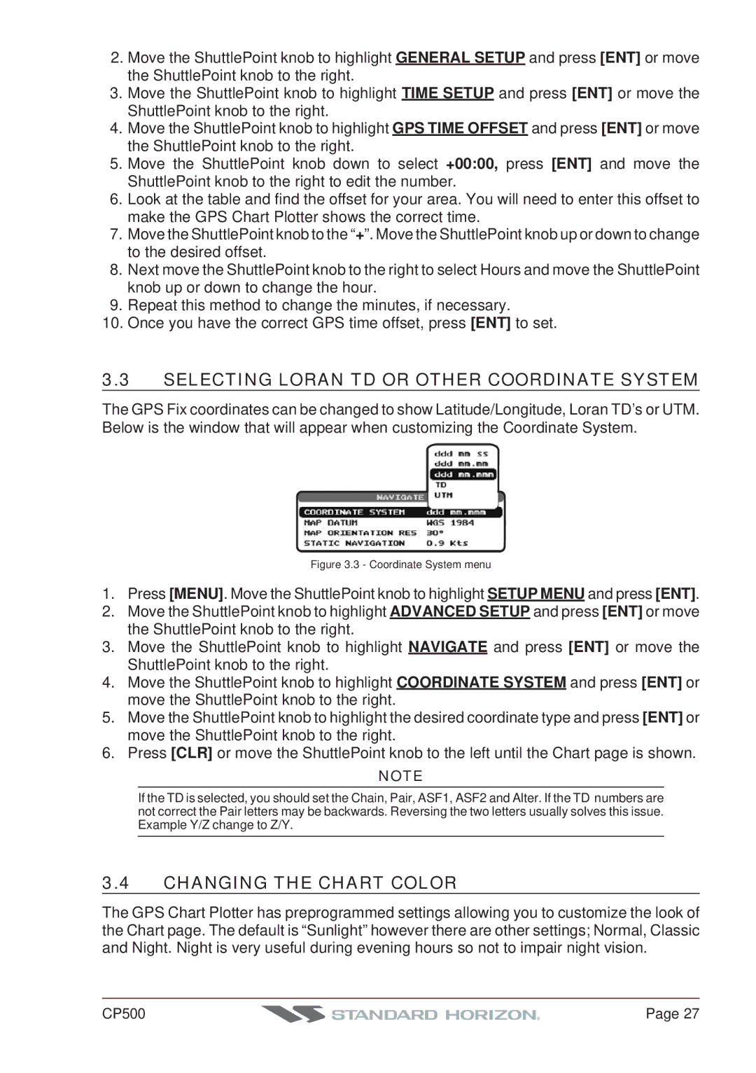 Standard Horizon CP500 owner manual Selecting Loran TD or Other Coordinate System, Changing the Chart Color 