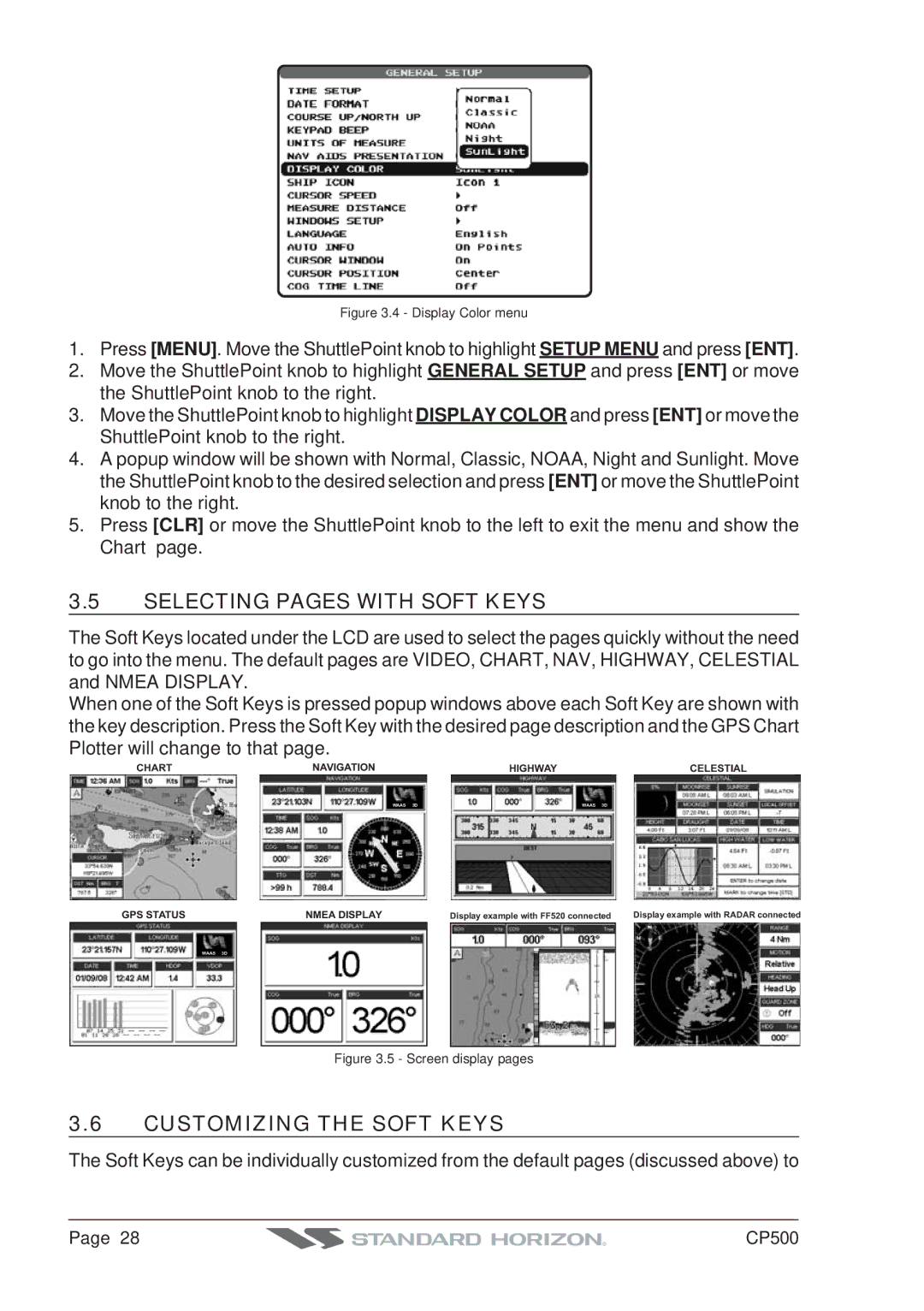 Standard Horizon CP500 owner manual Selecting Pages with Soft Keys, Customizing the Soft Keys 