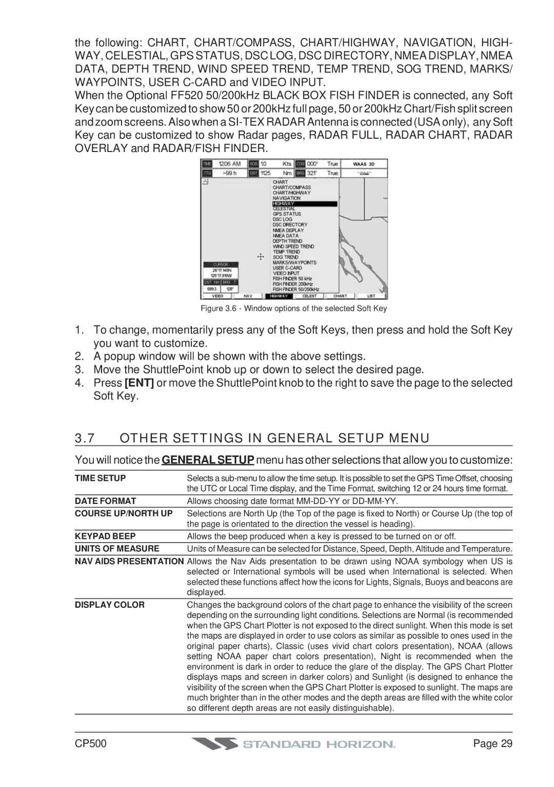 Standard Horizon CP500 Other Settings in General Setup Menu, Time Setup, Date Format, Keypad Beep, Units of Measure 