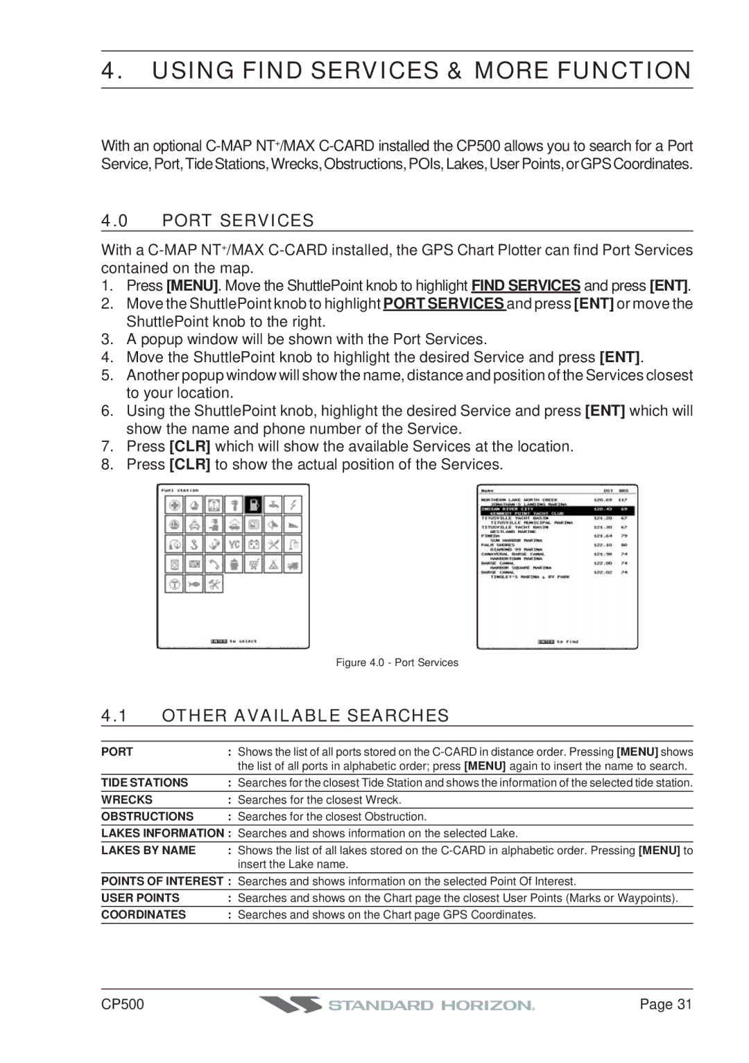 Standard Horizon CP500 owner manual Using Find Services & More Function, Port Services, Other Available Searches 