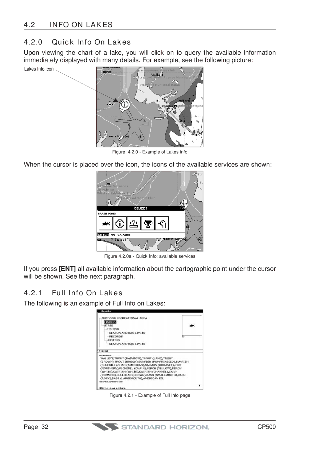 Standard Horizon CP500 owner manual Info on Lakes, Quick Info On Lakes, Full Info On Lakes 