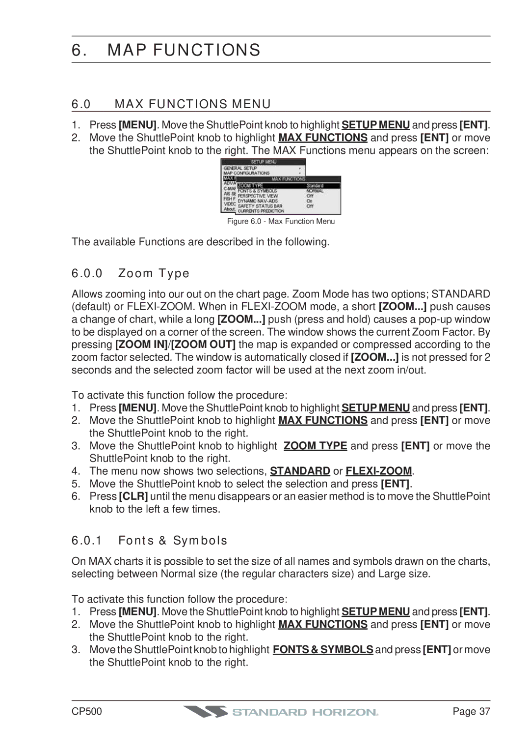 Standard Horizon CP500 owner manual MAP Functions, MAX Functions Menu, Zoom Type, Fonts & Symbols 