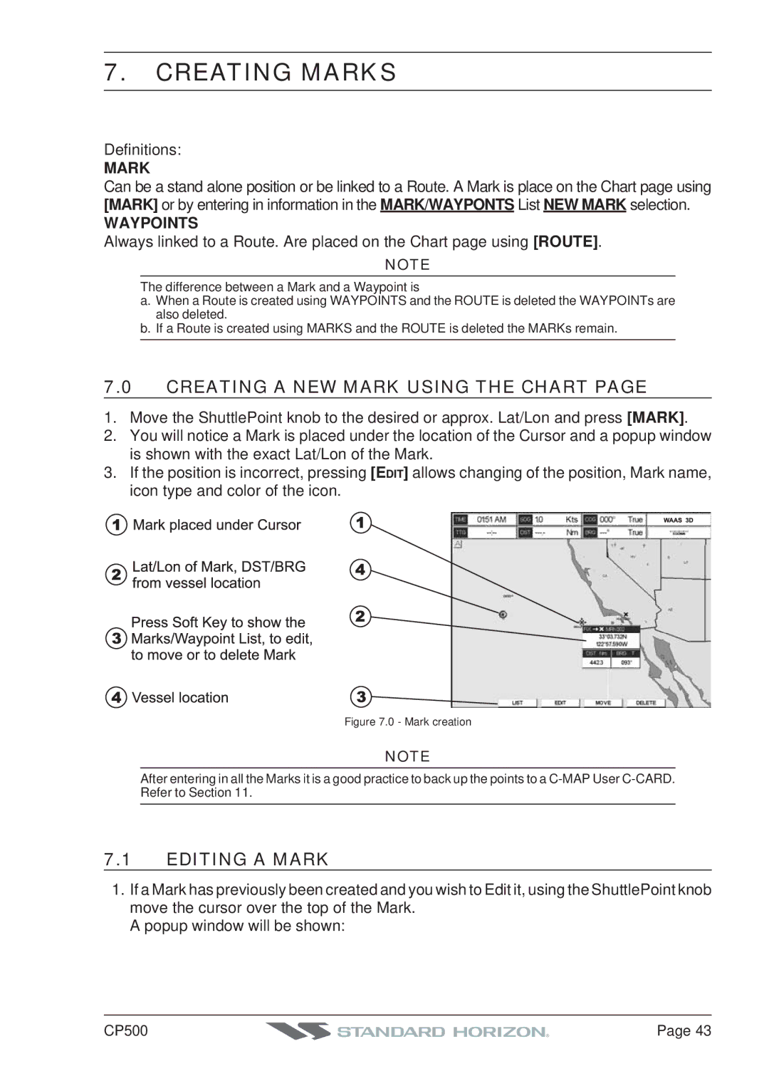 Standard Horizon CP500 owner manual Creating Marks, Creating a NEW Mark Using the Chart, Editing a Mark, Waypoints 