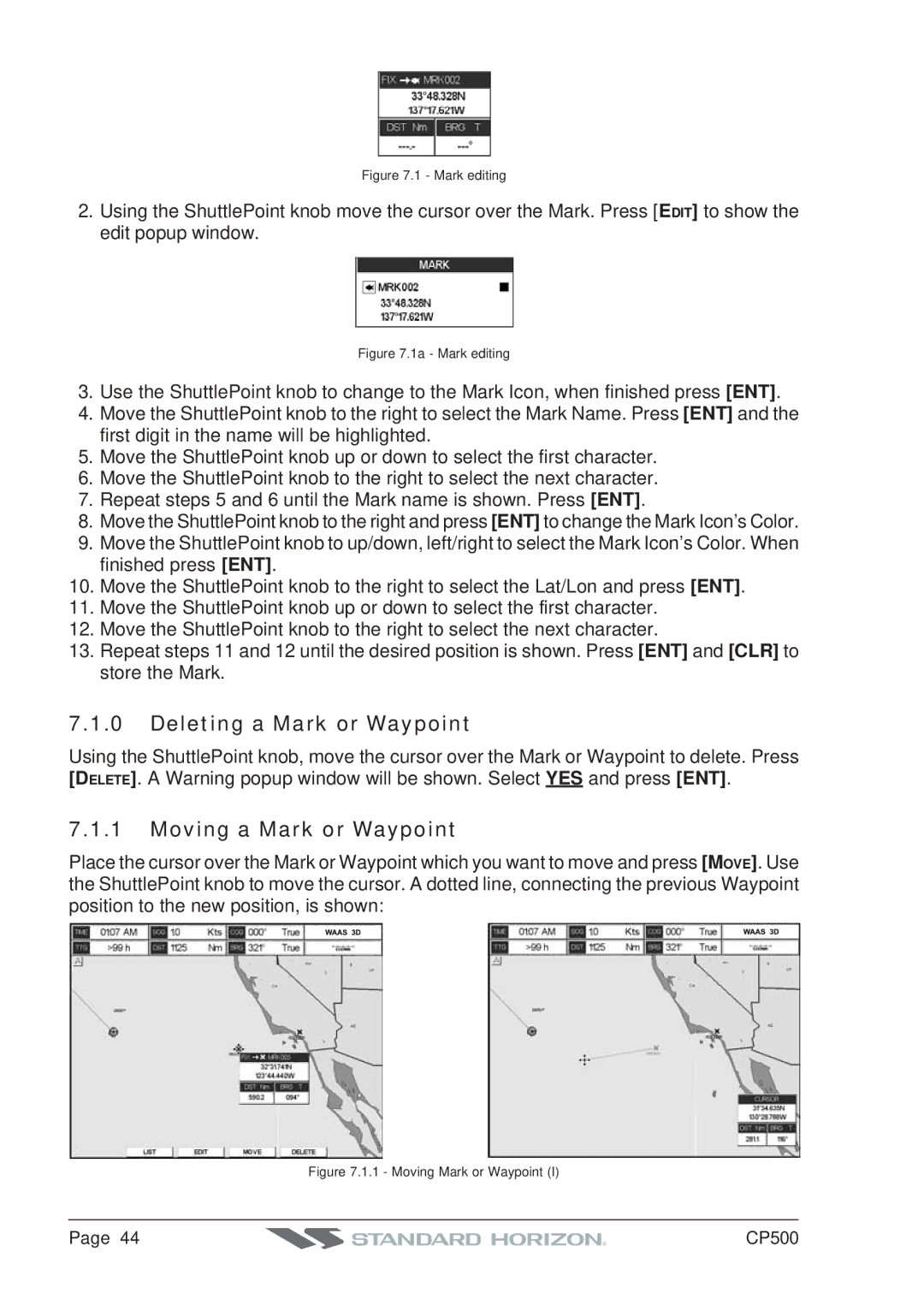 Standard Horizon CP500 owner manual Deleting a Mark or Waypoint, Moving a Mark or Waypoint 