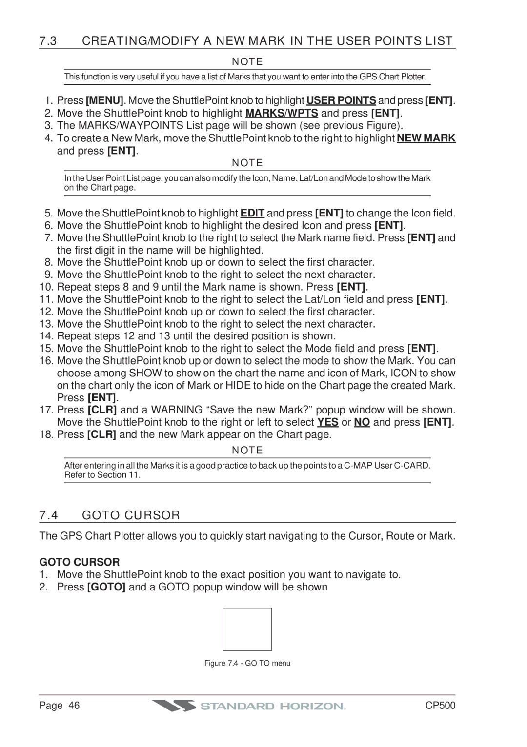 Standard Horizon CP500 owner manual CREATING/MODIFY a NEW Mark in the User Points List, Goto Cursor 