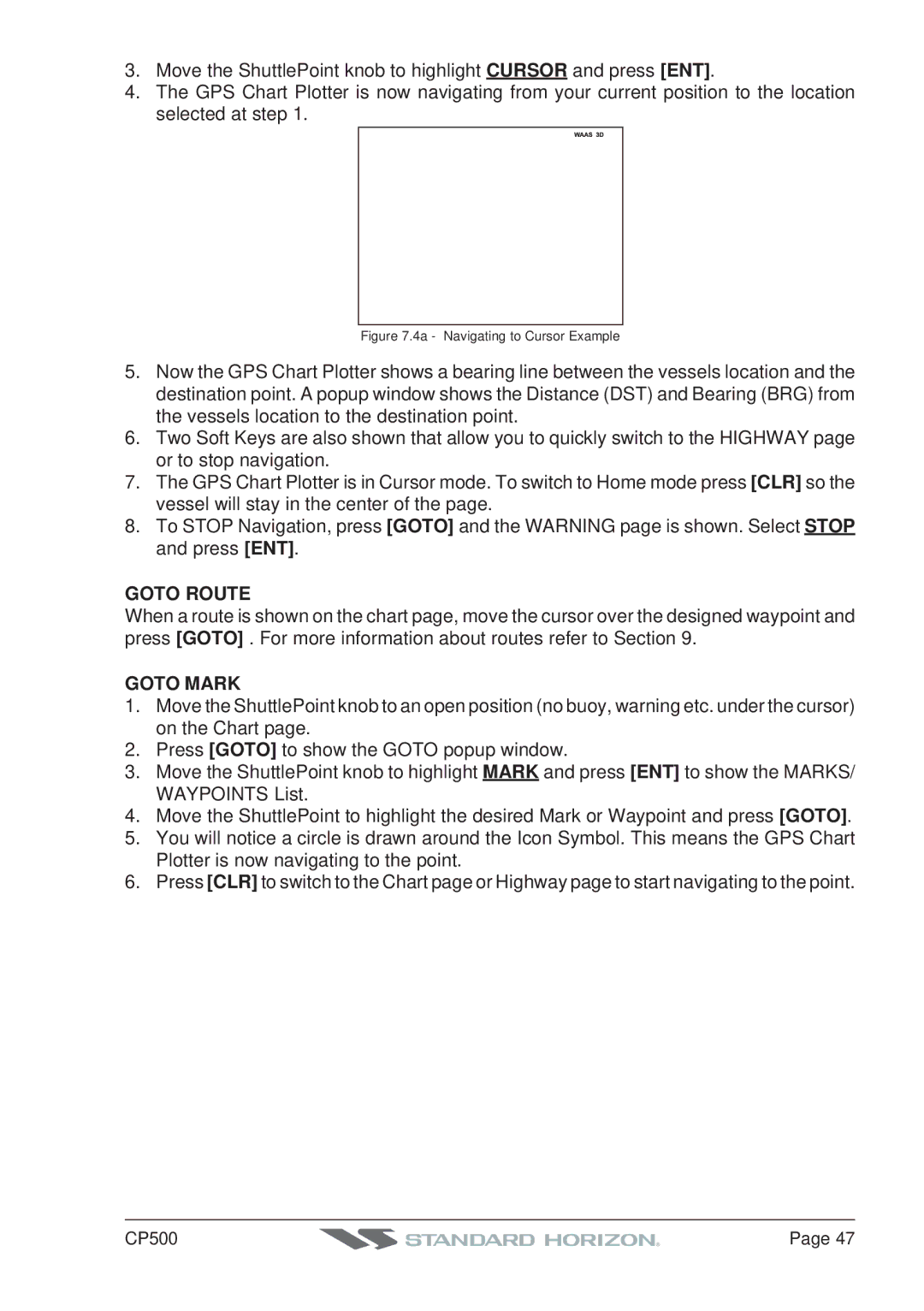 Standard Horizon CP500 owner manual Goto Route, Goto Mark 