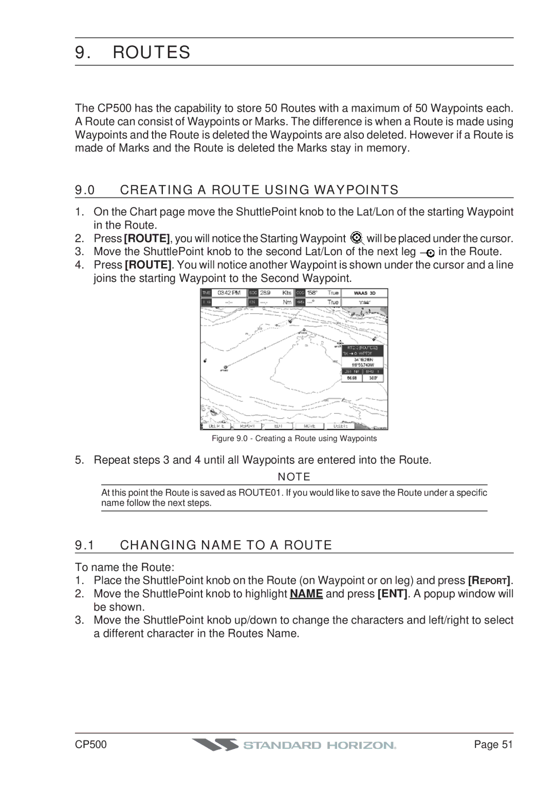 Standard Horizon CP500 owner manual Routes, Creating a Route Using Waypoints, Changing Name to a Route 