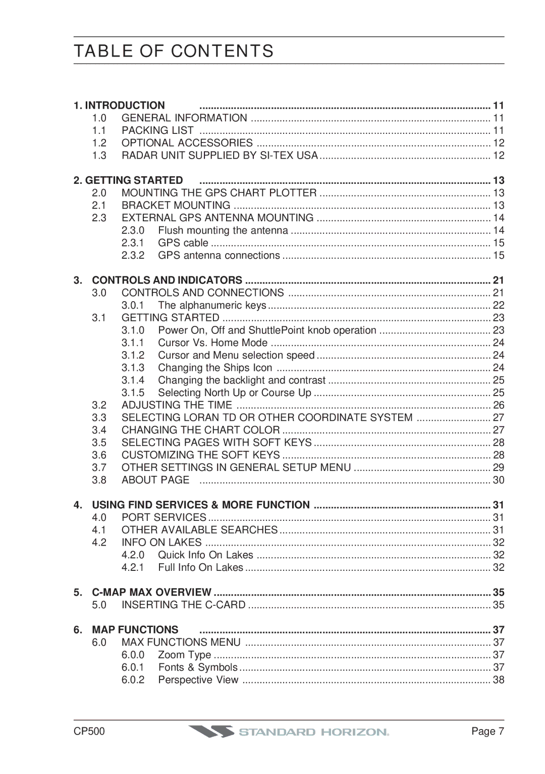 Standard Horizon CP500 owner manual Table of Contents 