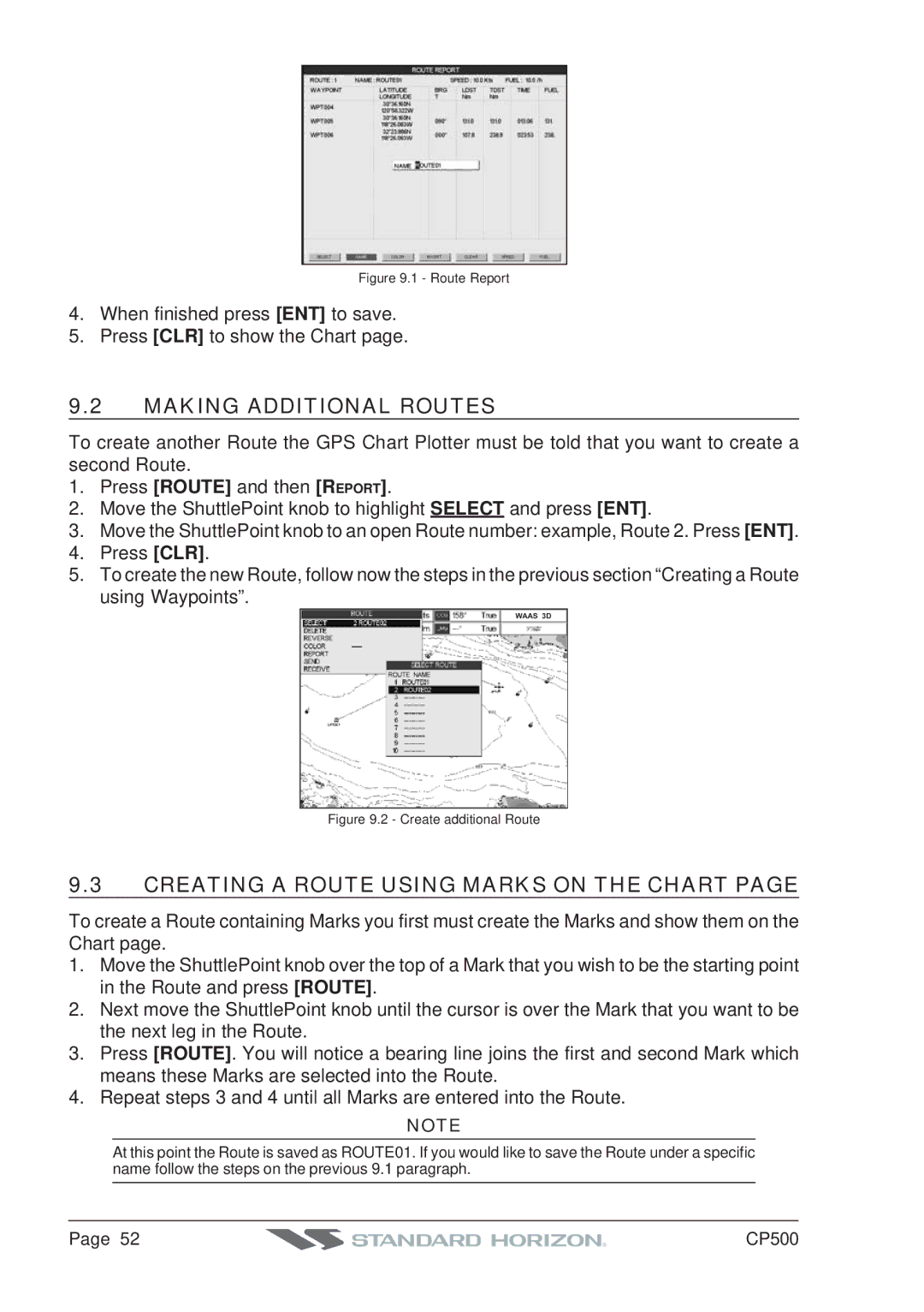 Standard Horizon CP500 owner manual Making Additional Routes, Creating a Route Using Marks on the Chart 