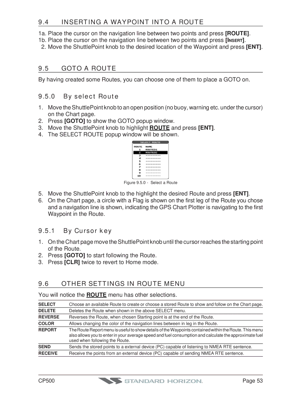 Standard Horizon CP500 owner manual Inserting a Waypoint Into a Route, Goto a Route, By select Route, By Cursor key 