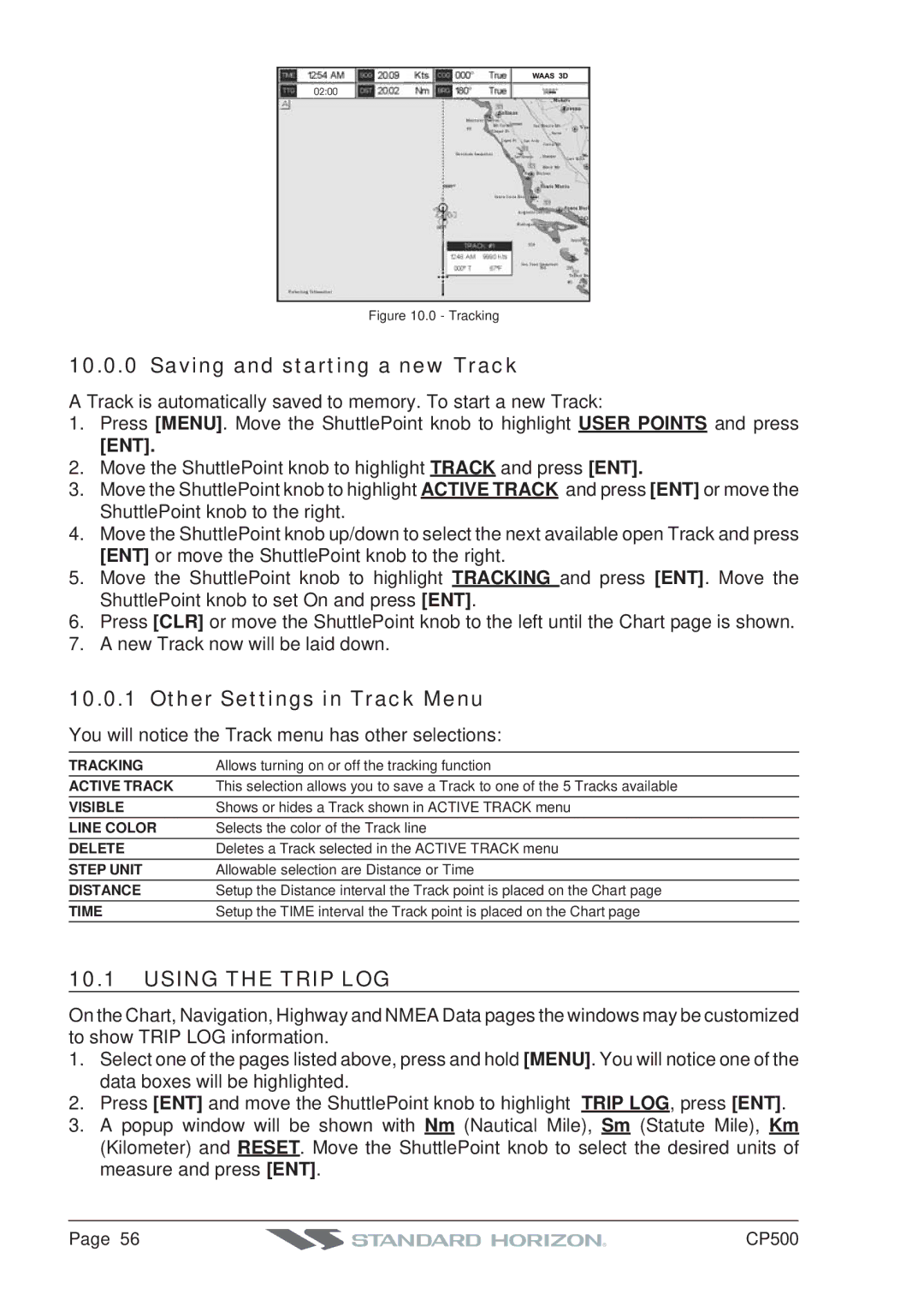 Standard Horizon CP500 owner manual Saving and starting a new Track, Other Settings in Track Menu, Using the Trip LOG, Ent 