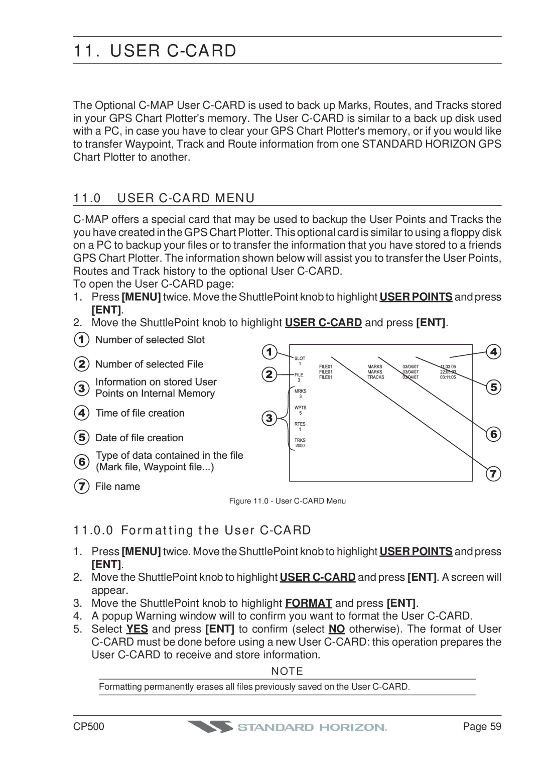 Standard Horizon CP500 owner manual User C-CARD Menu, Formatting the User C-CARD 