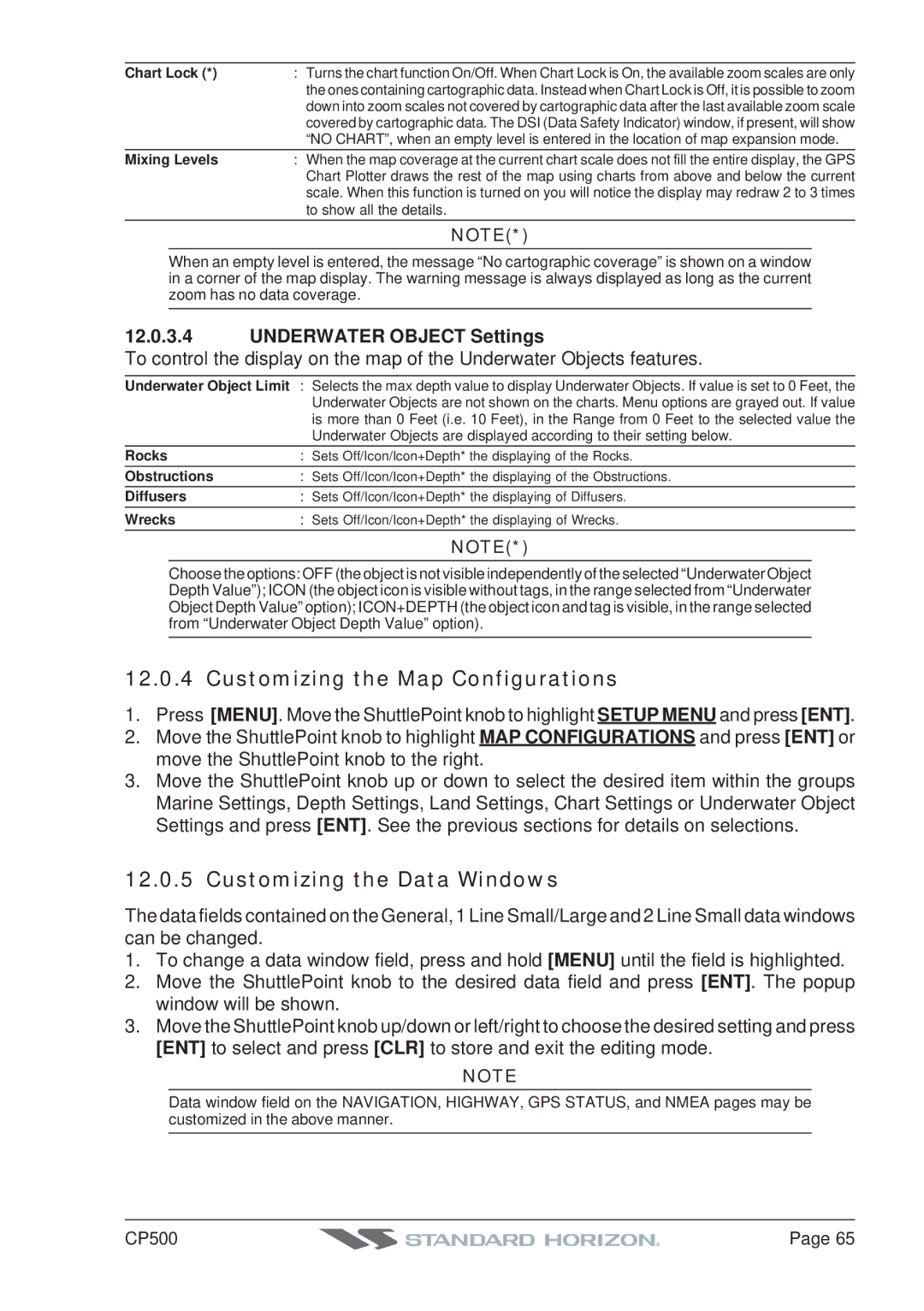 Standard Horizon CP500 Customizing the Map Configurations, Customizing the Data Windows, Underwater Object Settings 