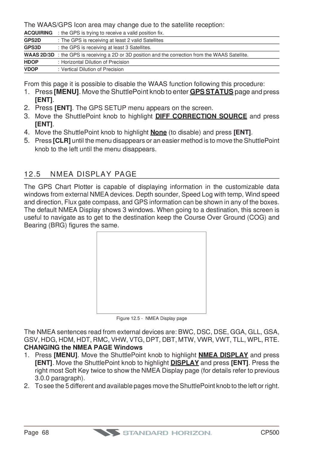 Standard Horizon CP500 owner manual Nmea Display, Changing the Nmea page Windows 