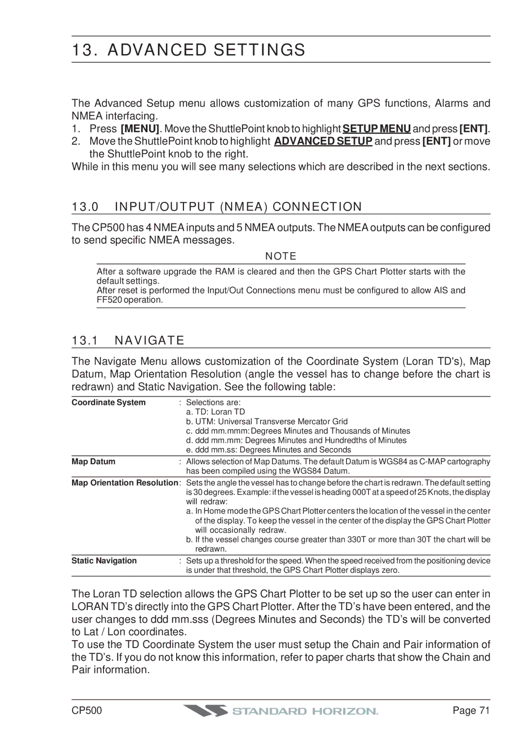 Standard Horizon CP500 owner manual Advanced Settings, INPUT/OUTPUT Nmea Connection, Navigate 