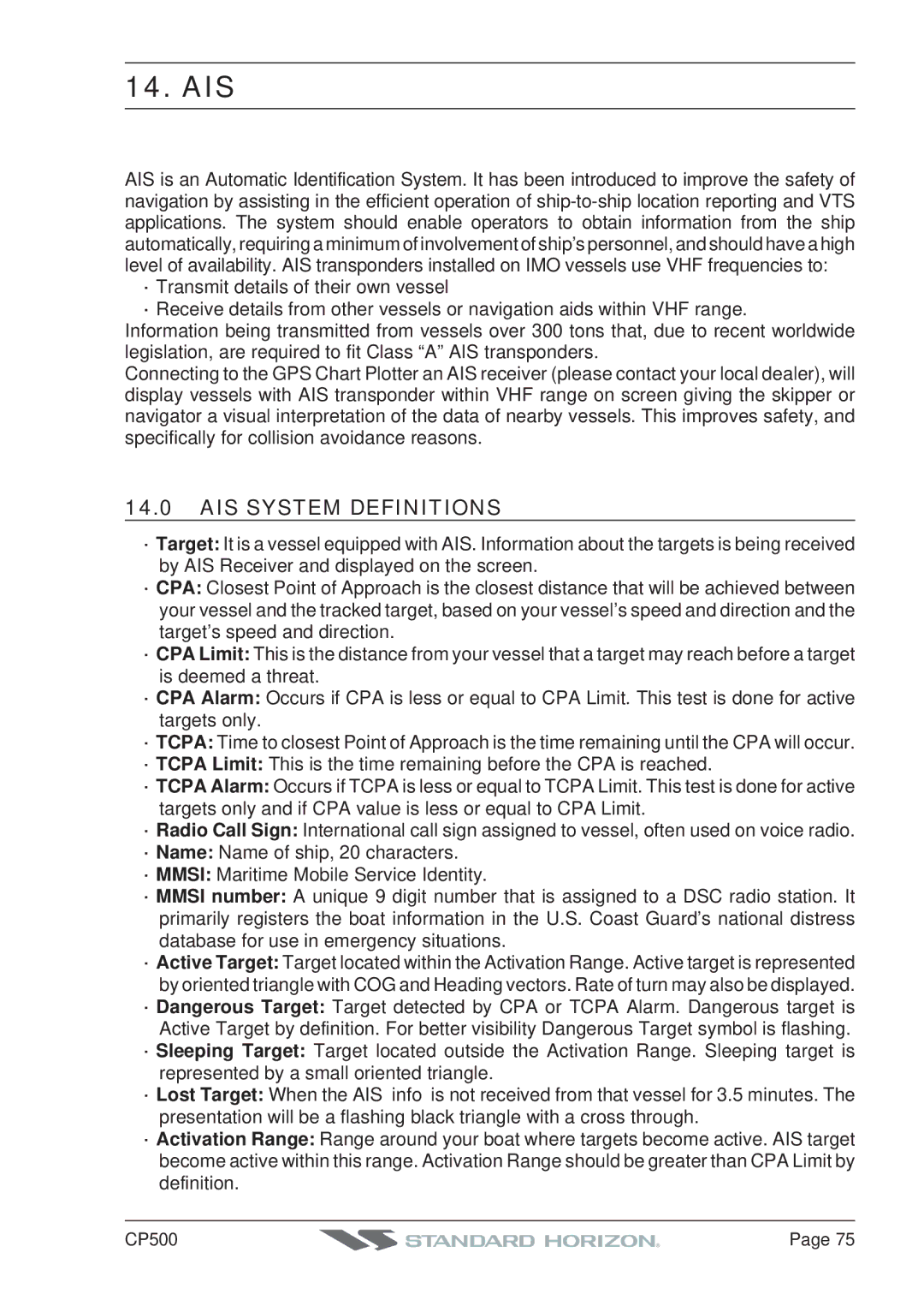 Standard Horizon CP500 owner manual Ais, AIS System Definitions 