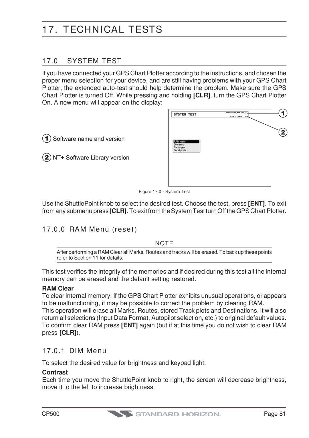 Standard Horizon CP500 owner manual Technical Tests, System Test, RAM Menu reset, DIM Menu 