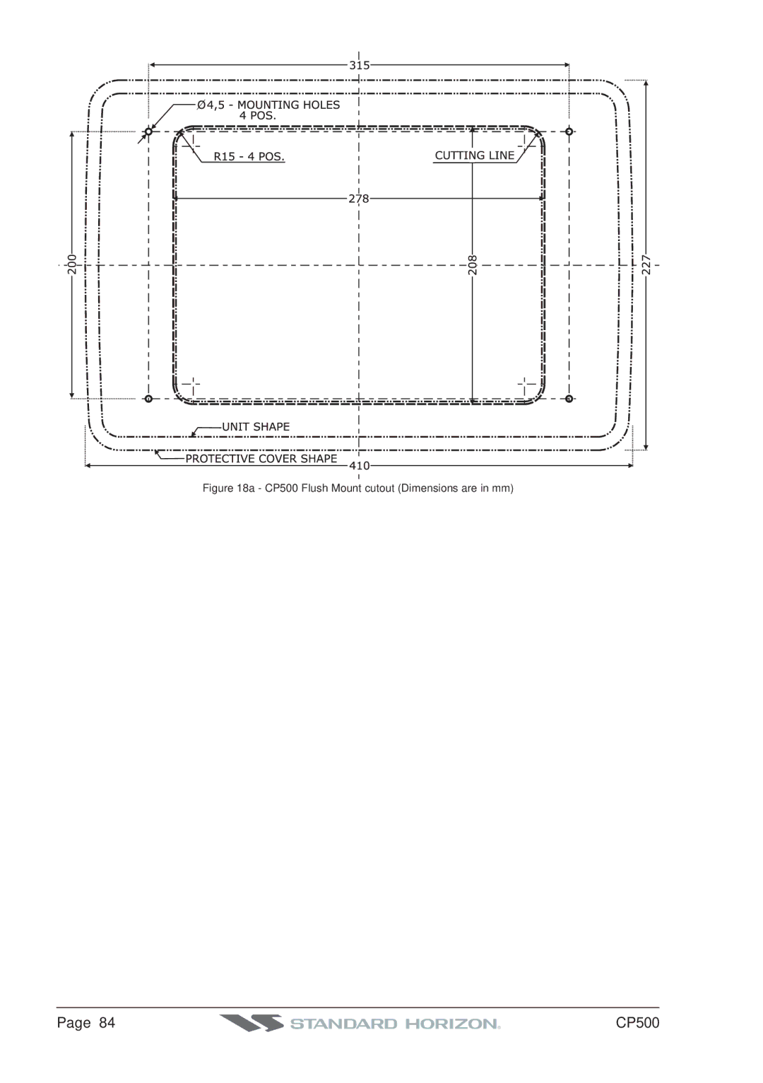 Standard Horizon owner manual CP500 Flush Mount cutout Dimensions are in mm 