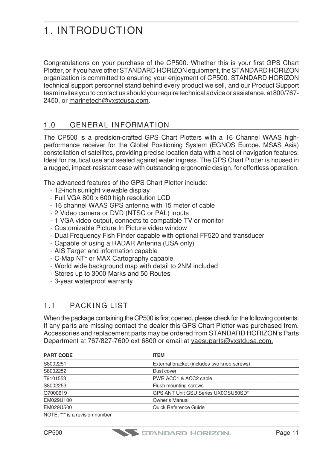 Standard Horizon CP500 owner manual Introduction, General Information, Packing List, Part Code 