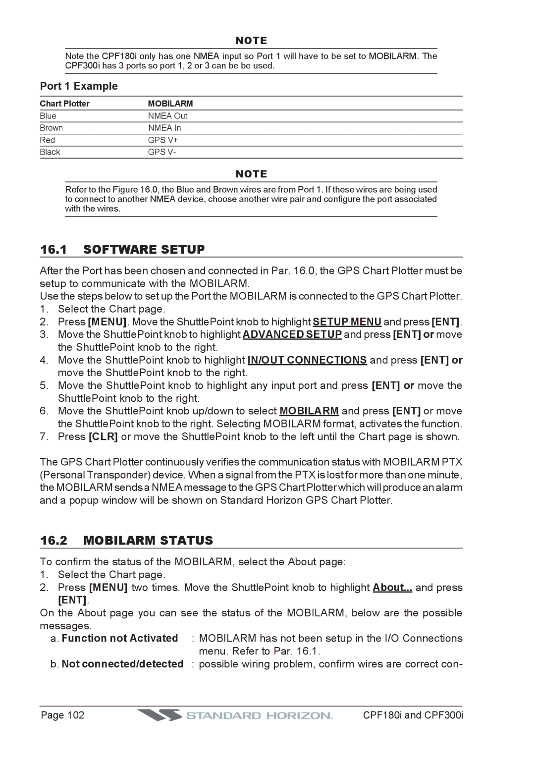 Standard Horizon CPF180I, CPF300I owner manual Software Setup, Mobilarm Status, Port 1 Example, Chart Plotter 