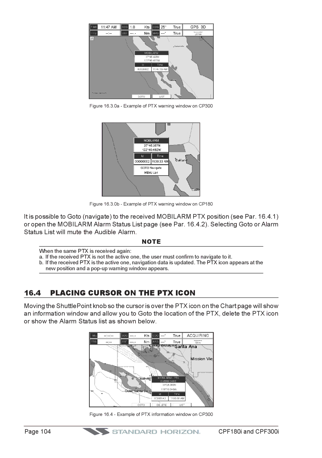 Standard Horizon CPF180I, CPF300I owner manual Placing Cursor on the PTX Icon, 0a Example of PTX warning window on CP300 