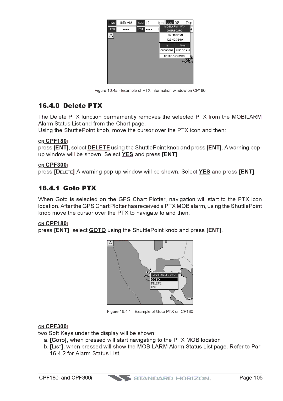 Standard Horizon owner manual Delete PTX, Goto PTX, On CPF180I, On CPF300I 