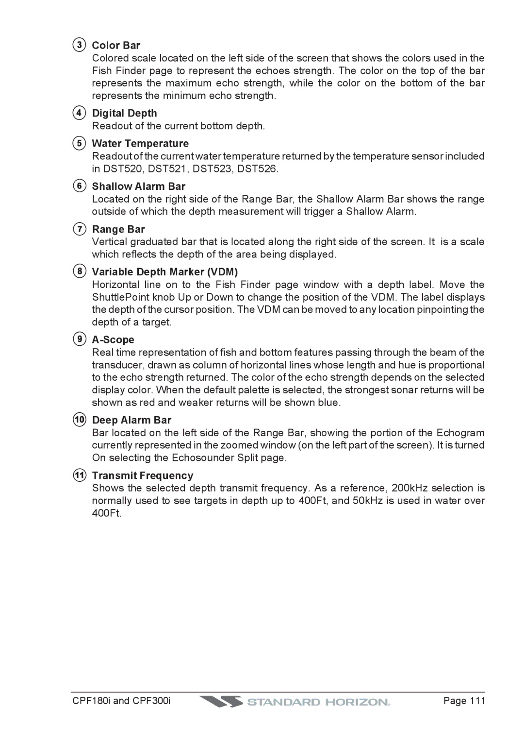 Standard Horizon CPF300I Color Bar, Digital Depth, Water Temperature, Shallow Alarm Bar, Range Bar, Scope, Deep Alarm Bar 