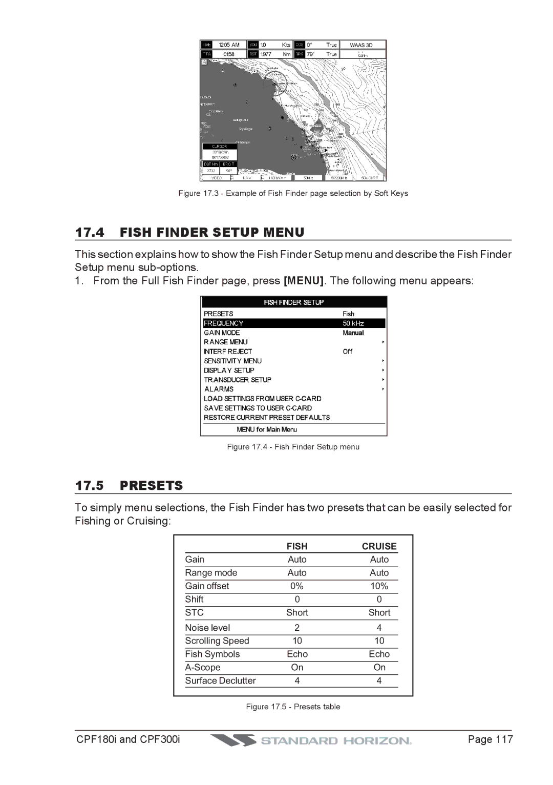 Standard Horizon CPF300I, CPF180I owner manual Fish Finder Setup Menu, Presets 