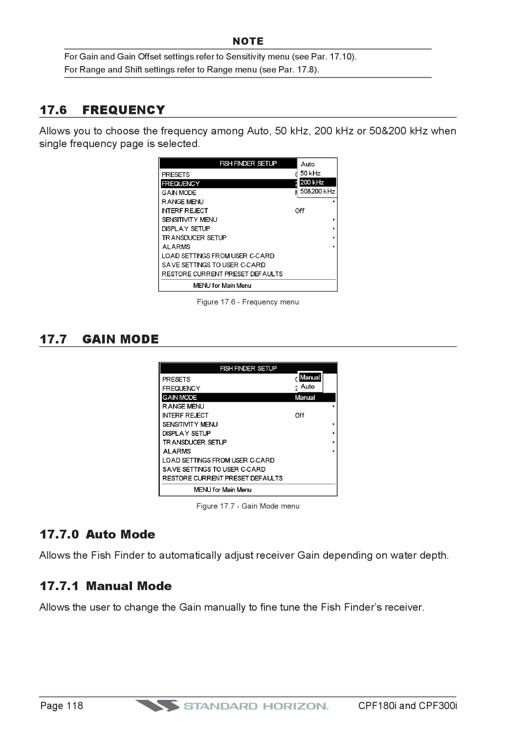 Standard Horizon CPF180I, CPF300I owner manual Frequency, Gain Mode, Auto Mode, Manual Mode 