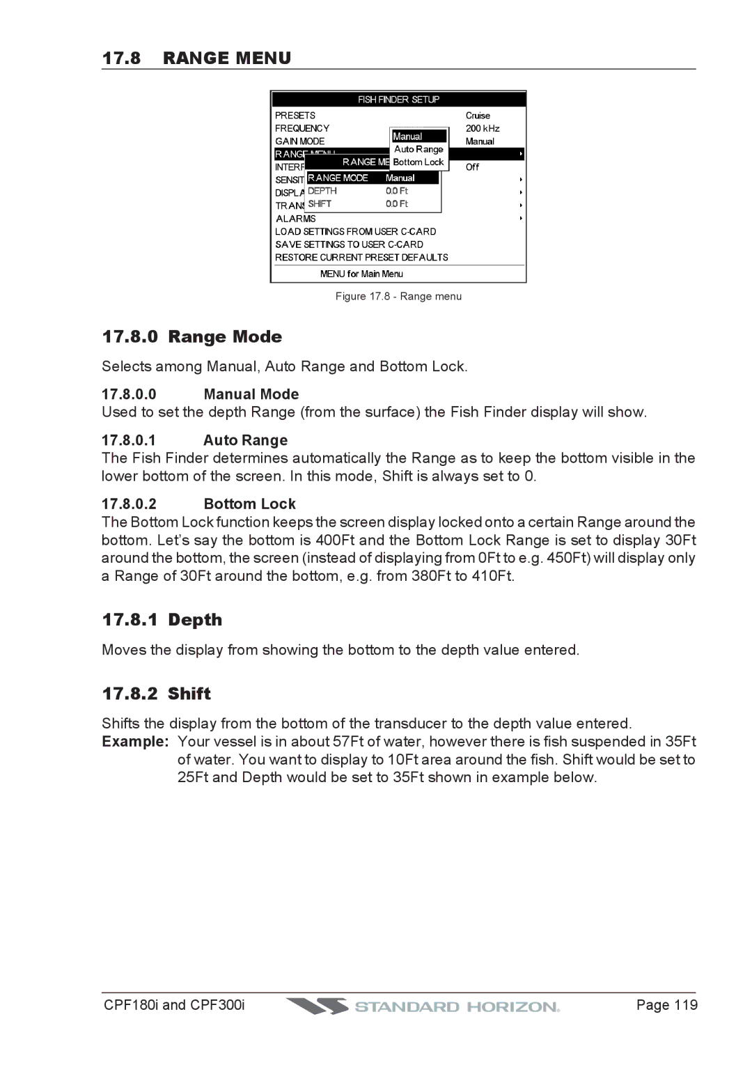 Standard Horizon CPF300I, CPF180I owner manual Range Menu, Range Mode, Depth, Shift 