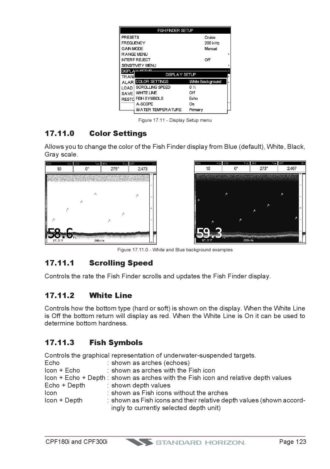 Standard Horizon CPF300I, CPF180I owner manual Color Settings, Scrolling Speed, White Line, Fish Symbols 