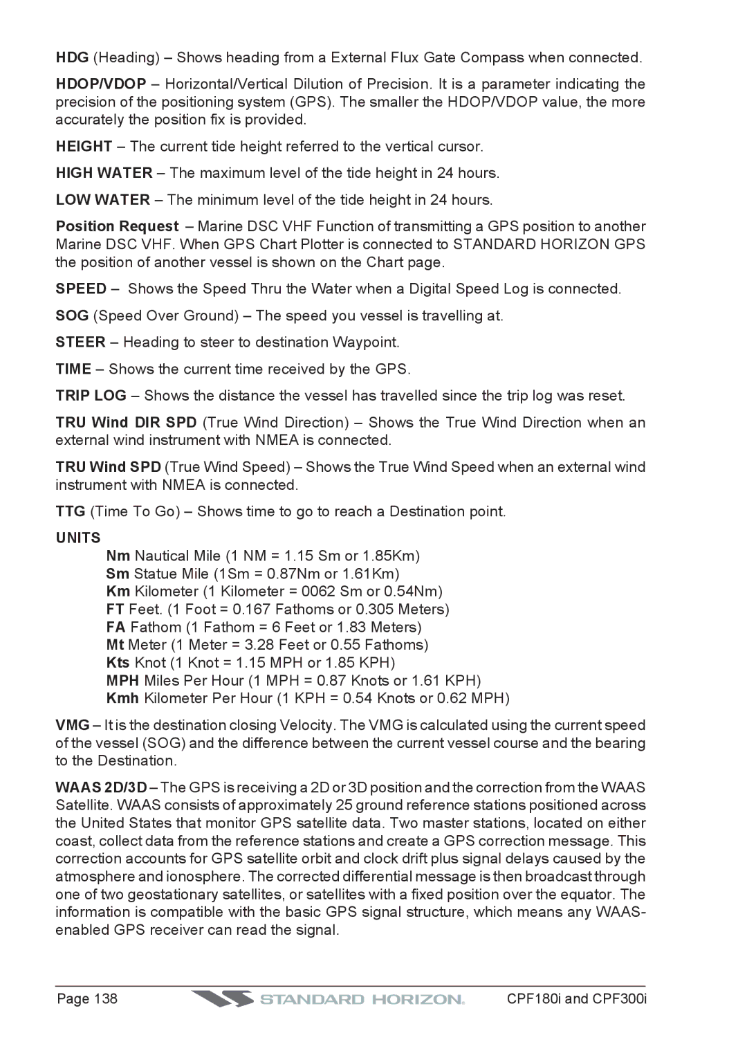Standard Horizon CPF180I, CPF300I owner manual Units 