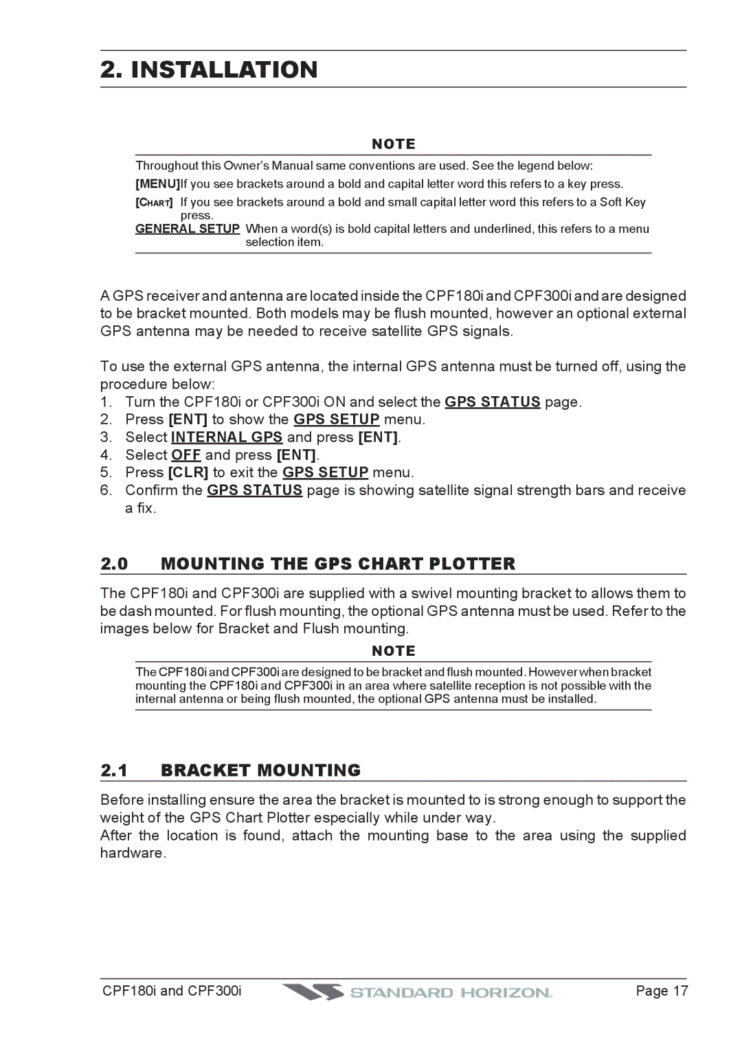 Standard Horizon CPF300I, CPF180I owner manual Installation, Mounting the GPS Chart Plotter, Bracket Mounting 