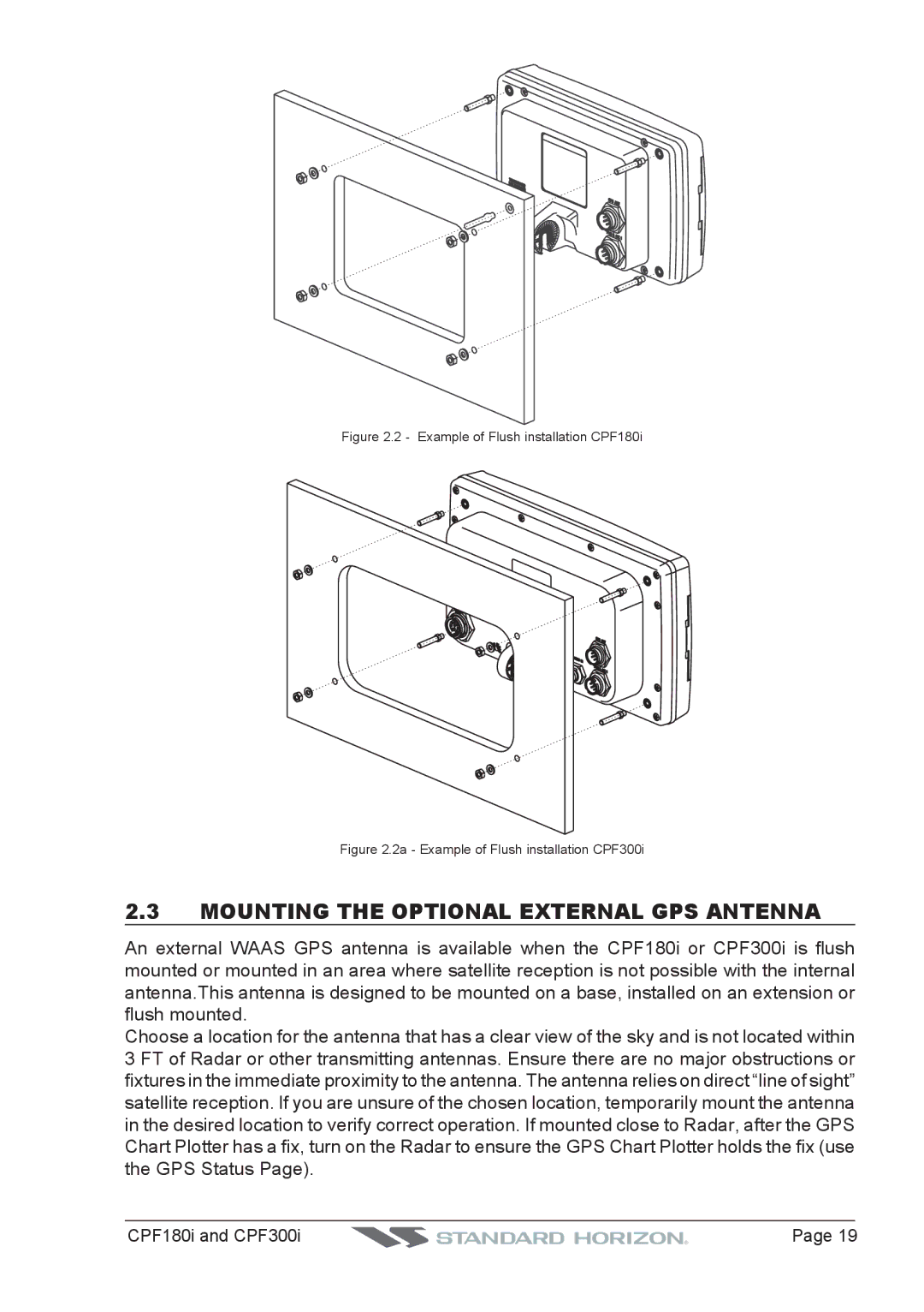 Standard Horizon CPF300I, CPF180I Mounting the Optional External GPS Antenna, Example of Flush installation CPF180i 