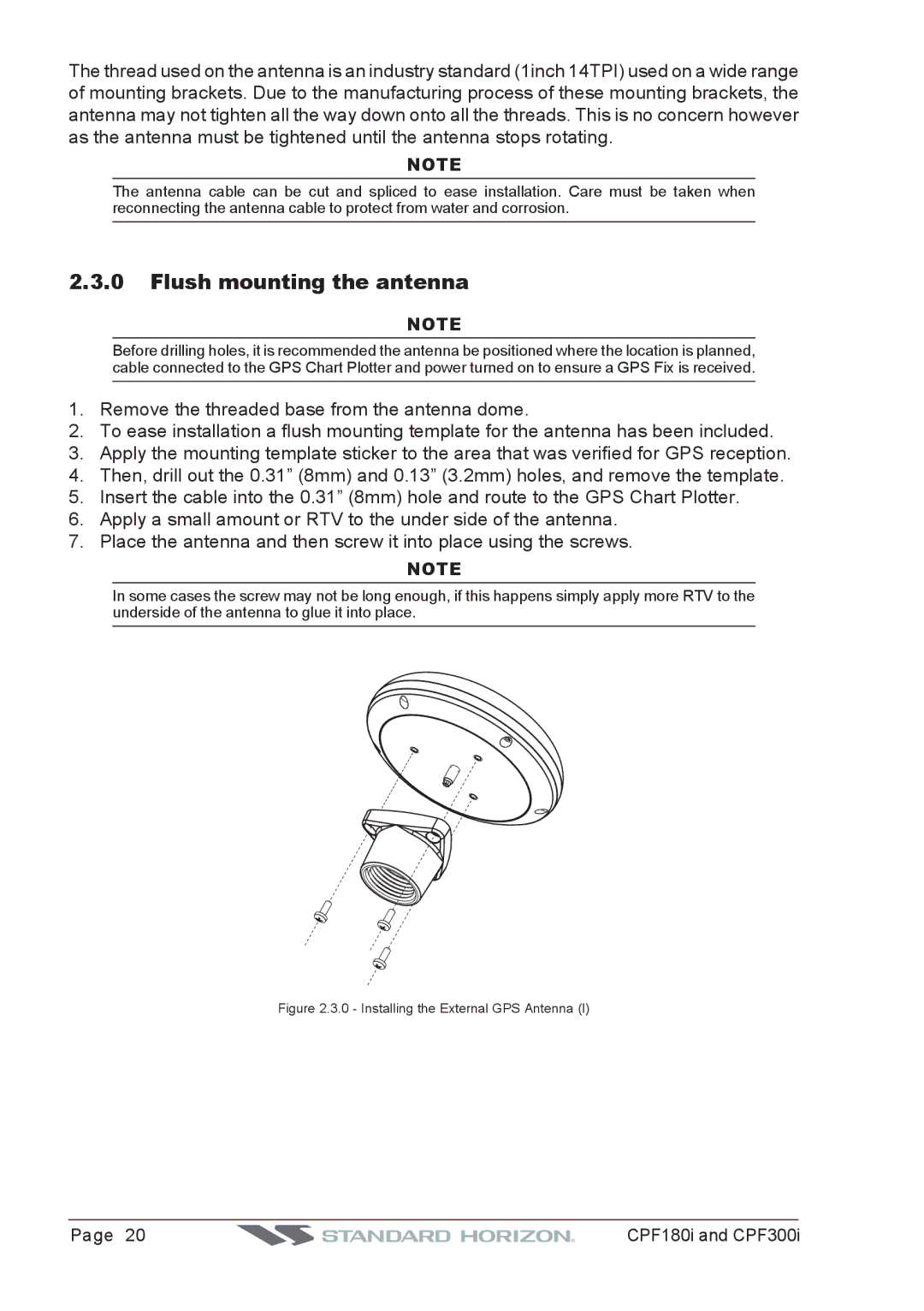 Standard Horizon CPF180I, CPF300I owner manual Flush mounting the antenna, Installing the External GPS Antenna 