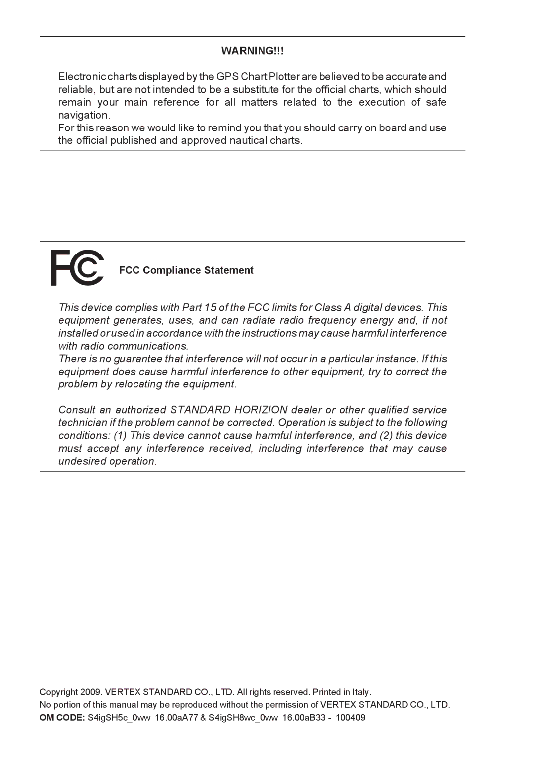 Standard Horizon CPF180I, CPF300I owner manual FCC Compliance Statement 