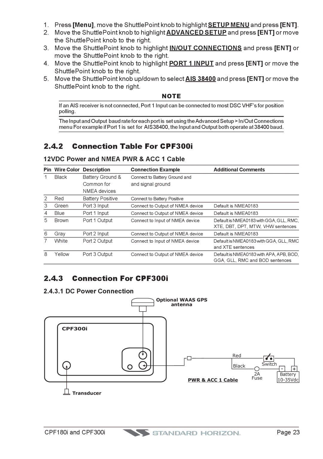 Standard Horizon CPF300I Connection Table For CPF300i, Connection For CPF300i, 12VDC Power and Nmea PWR & ACC 1 Cable 