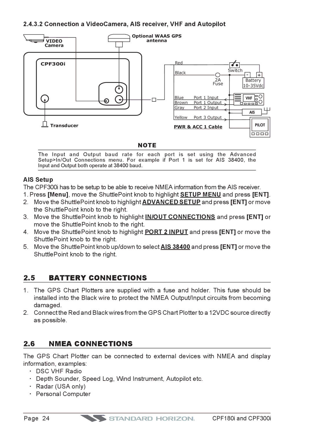 Standard Horizon CPF180I Battery Connections, Nmea Connections, Connection a VideoCamera, AIS receiver, VHF and Autopilot 