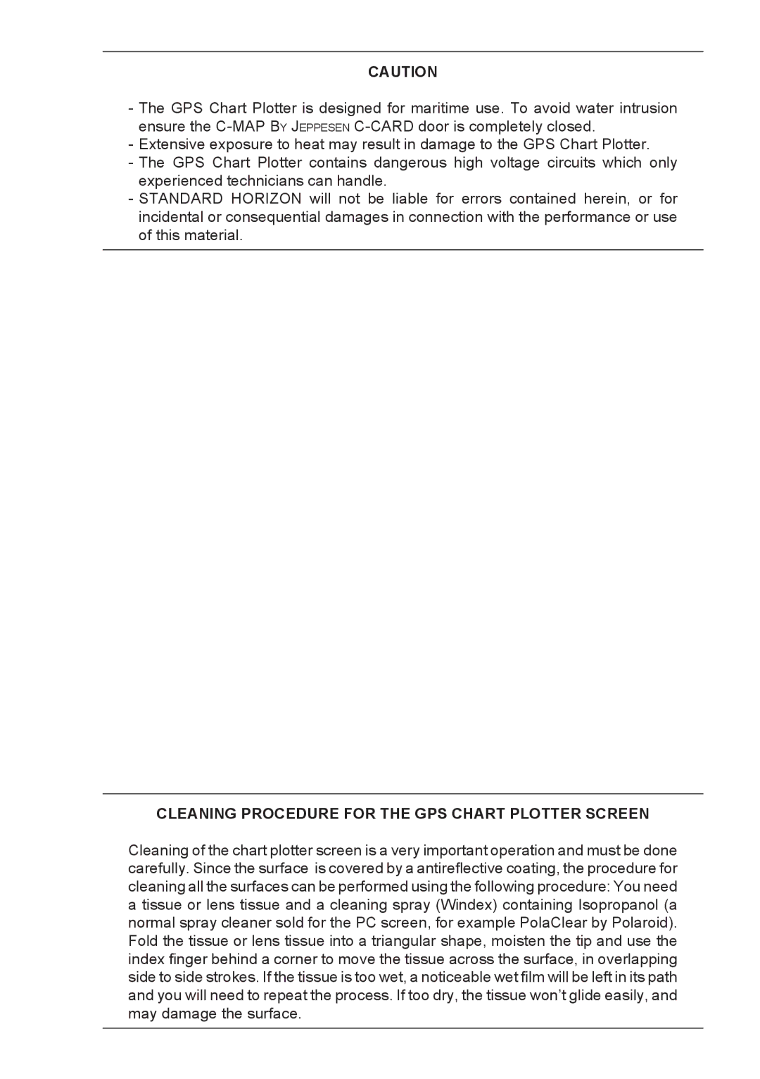 Standard Horizon CPF300I, CPF180I owner manual Cleaning Procedure for the GPS Chart Plotter Screen 