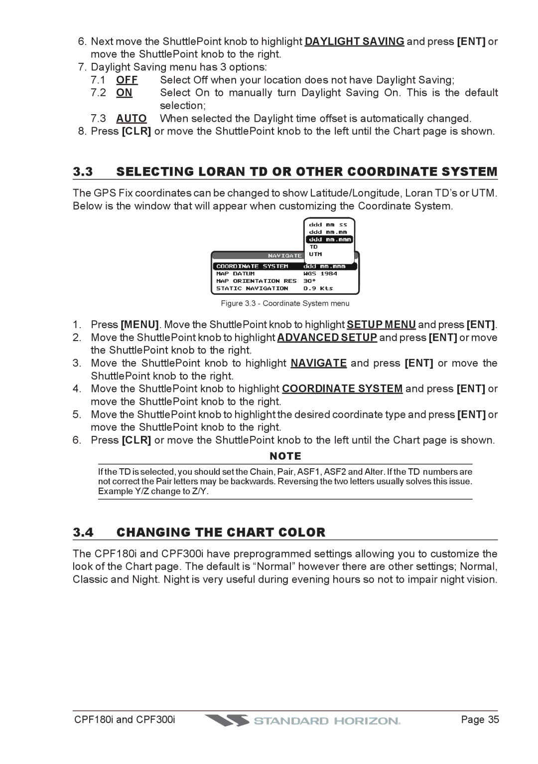 Standard Horizon CPF300I, CPF180I owner manual Selecting Loran TD or Other Coordinate System, Changing the Chart Color 