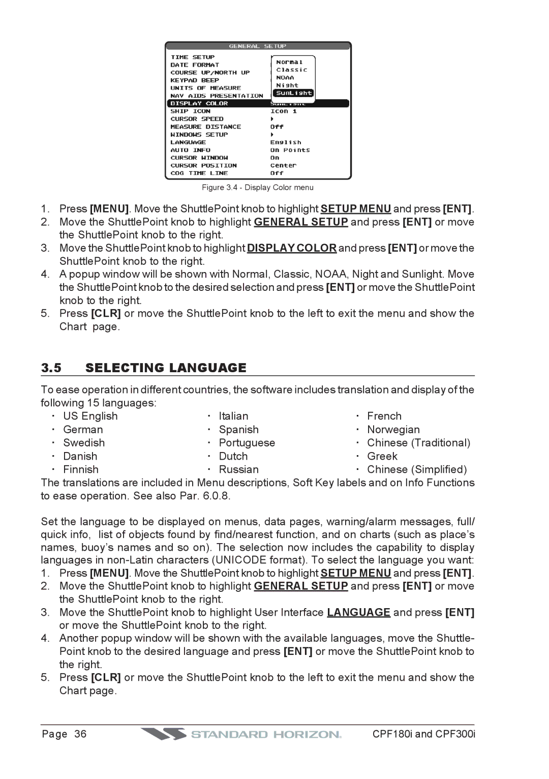 Standard Horizon CPF180I, CPF300I owner manual Selecting Language, Display Color menu 