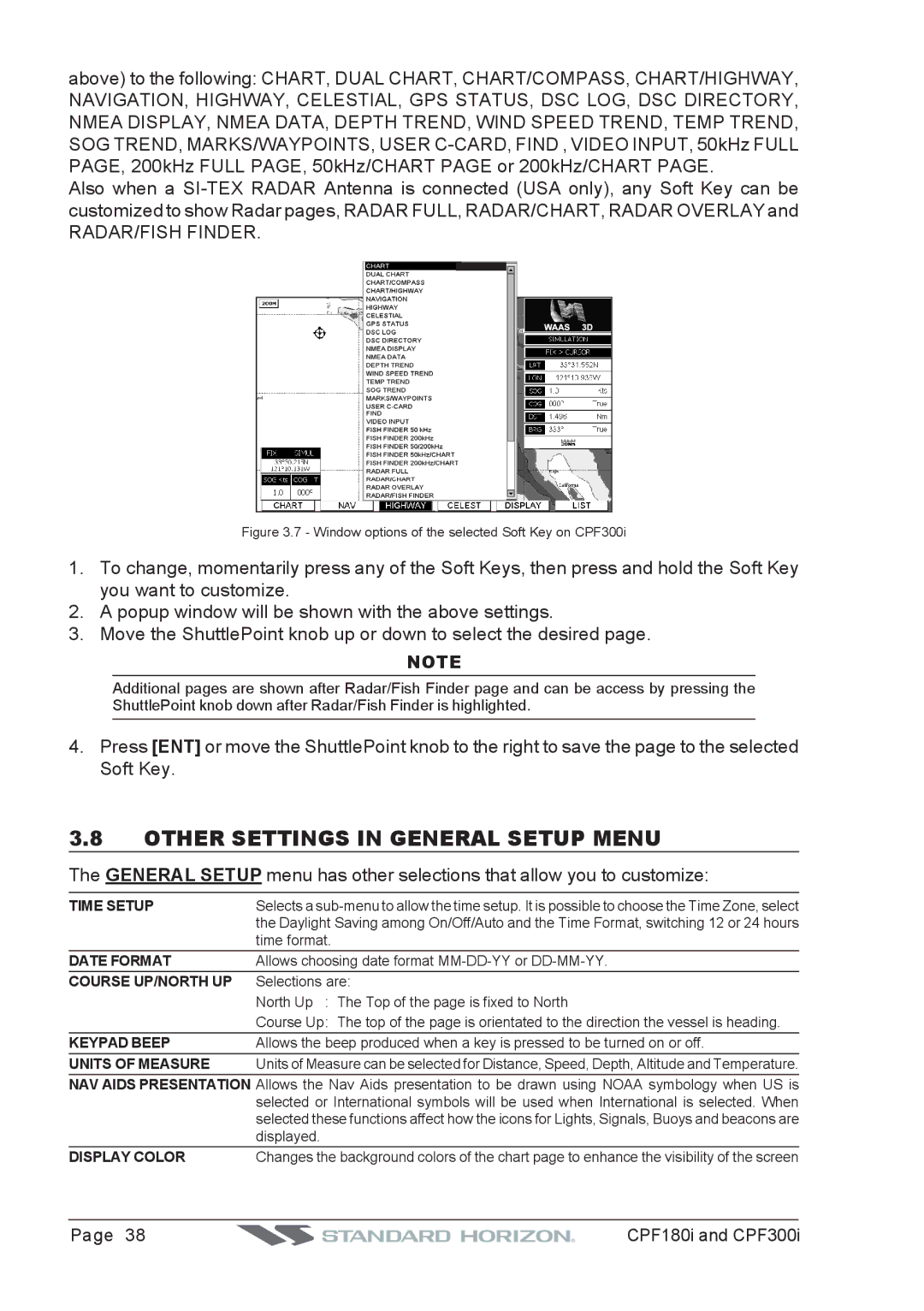 Standard Horizon CPF180I, CPF300I owner manual Other Settings in General Setup Menu, RADAR/FISH Finder 