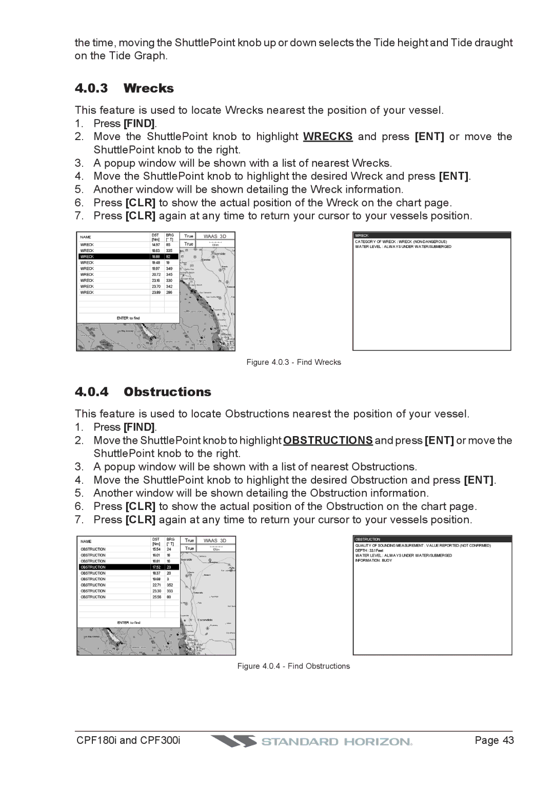 Standard Horizon CPF300I, CPF180I owner manual Wrecks, Obstructions 