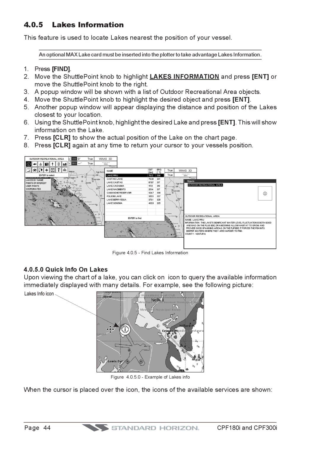 Standard Horizon CPF180I, CPF300I owner manual Lakes Information, Quick Info On Lakes 