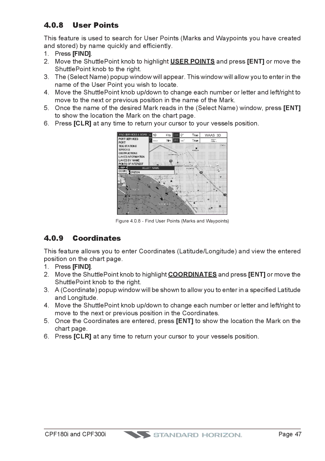 Standard Horizon CPF300I, CPF180I owner manual User Points, Coordinates 