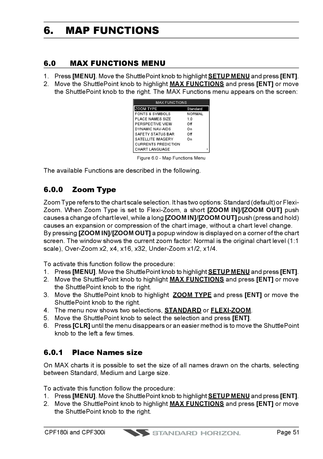 Standard Horizon CPF300I, CPF180I owner manual MAP Functions, MAX Functions Menu, Zoom Type, Place Names size 