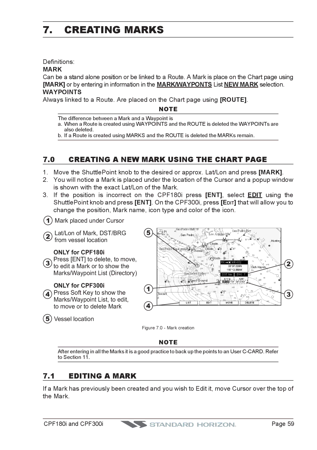 Standard Horizon CPF300I, CPF180I Creating Marks, Creating a NEW Mark Using the Chart, Editing a Mark, Waypoints 